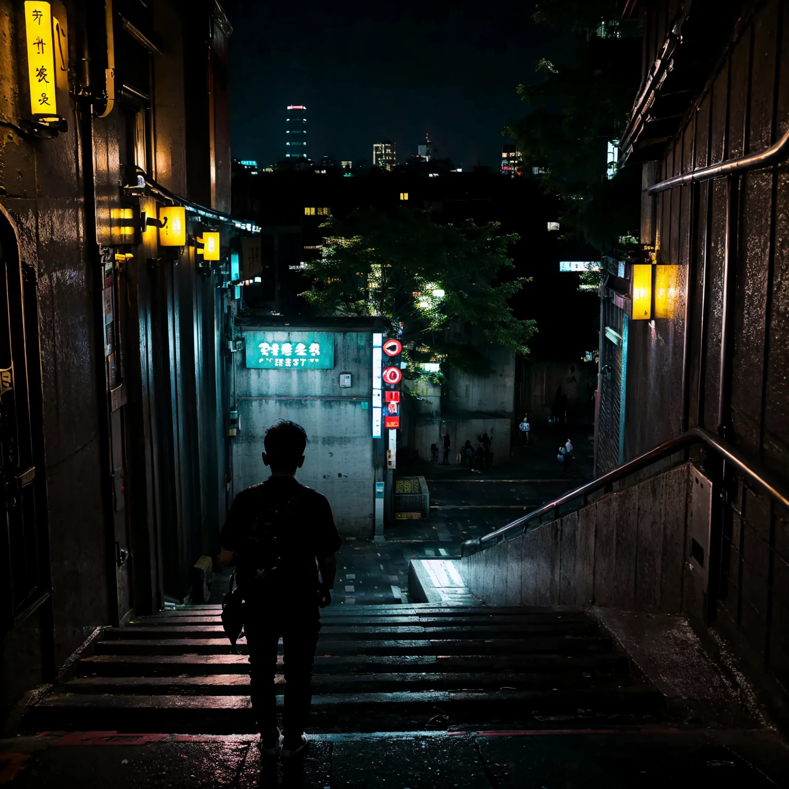 city street, night, neon light, stairs, (taipei downtown scenery), (asian rapper silhouette from back, from behind), (city skyline)