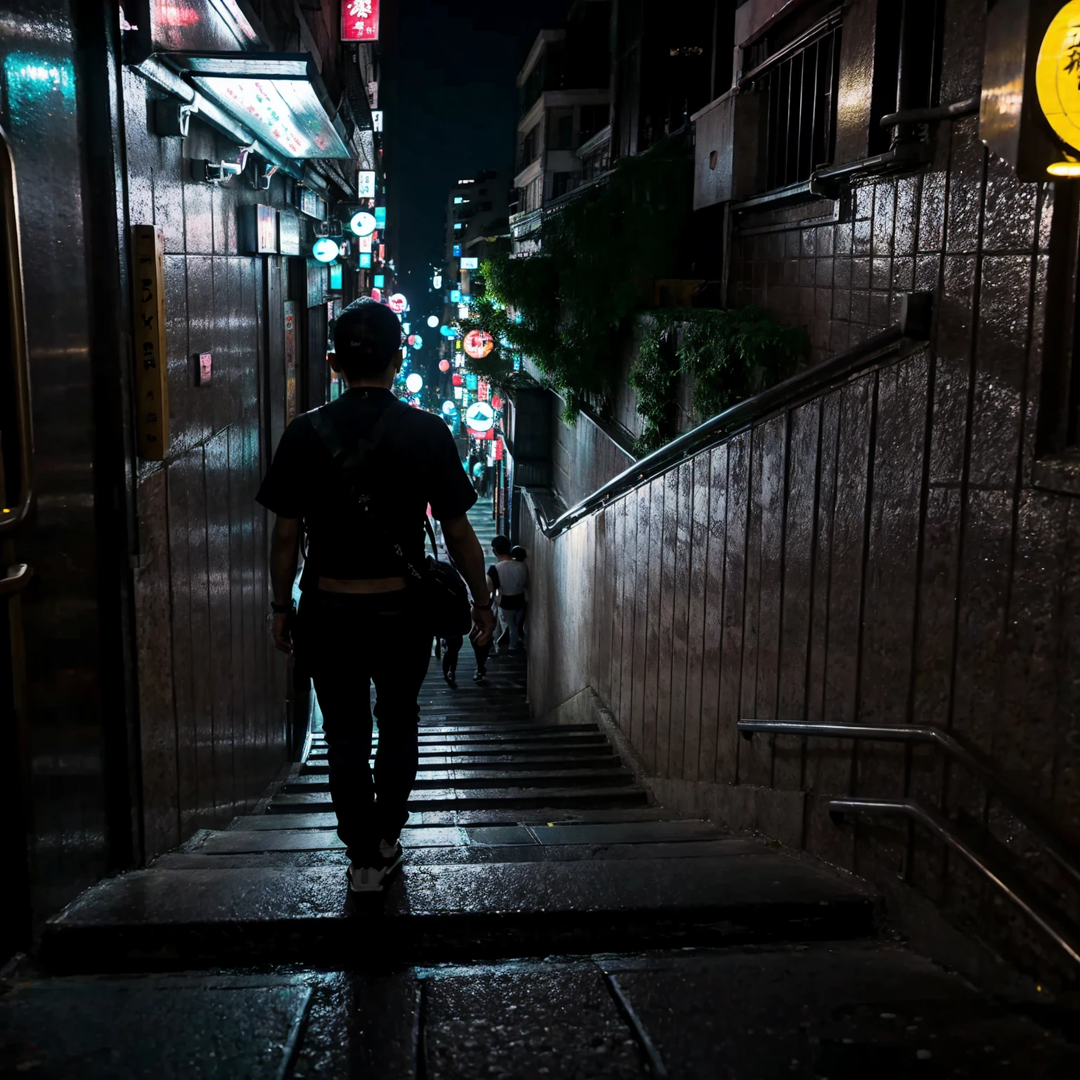 city street, night, neon light, stairs, (taipei downtown scenery), (asian rapper silhouette from back, from behind), (city skyline)