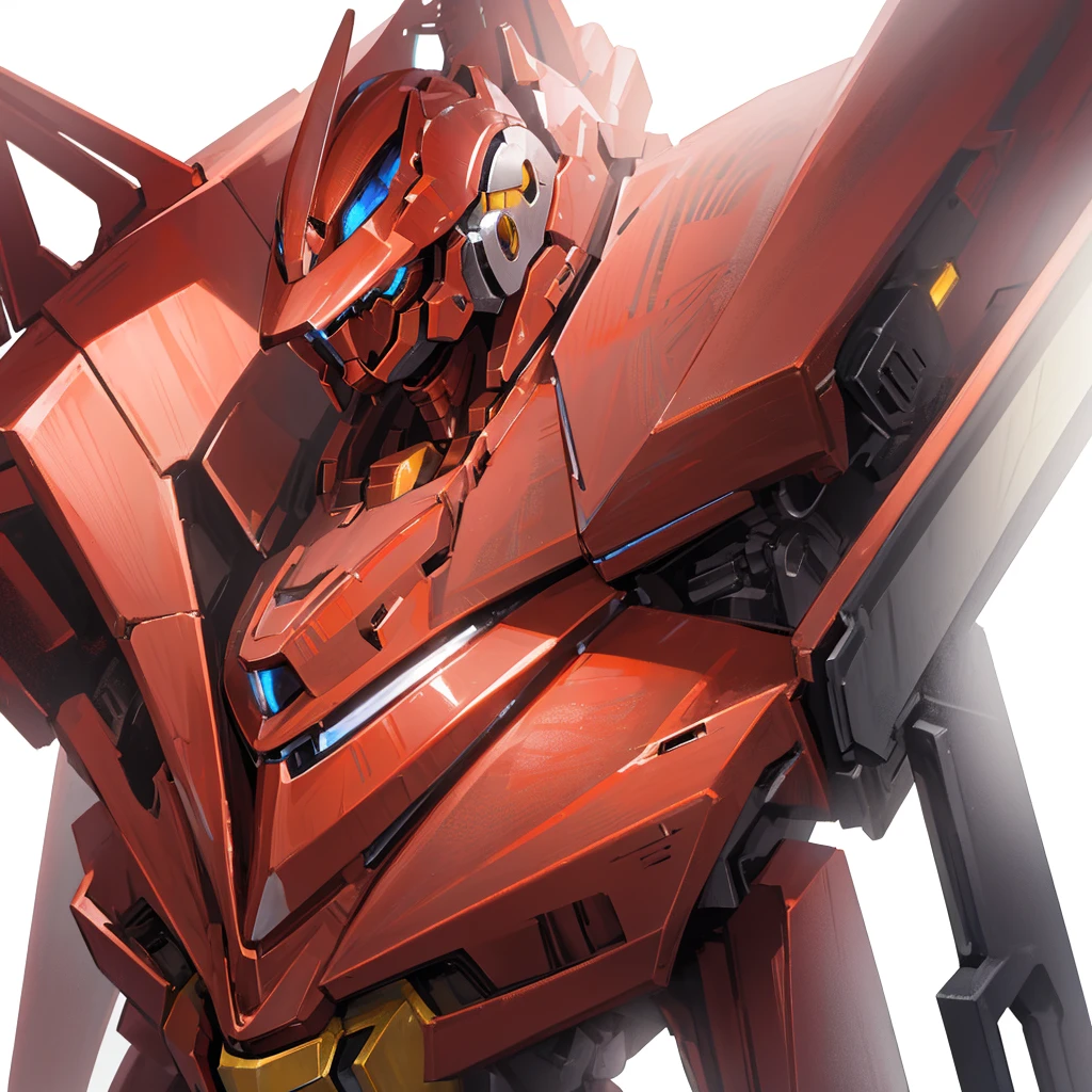 A red mecha made of steel,There is no one in the picture,A huge mecha shining with golden light,((Pure white background))