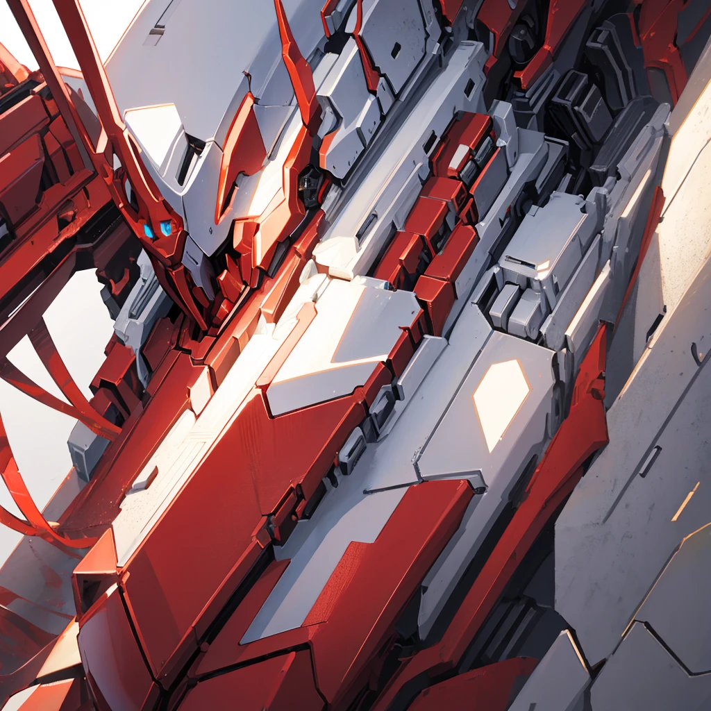 A red mecha made of steel,There is no one in the picture,A huge mecha shining with golden light,((Pure white background))