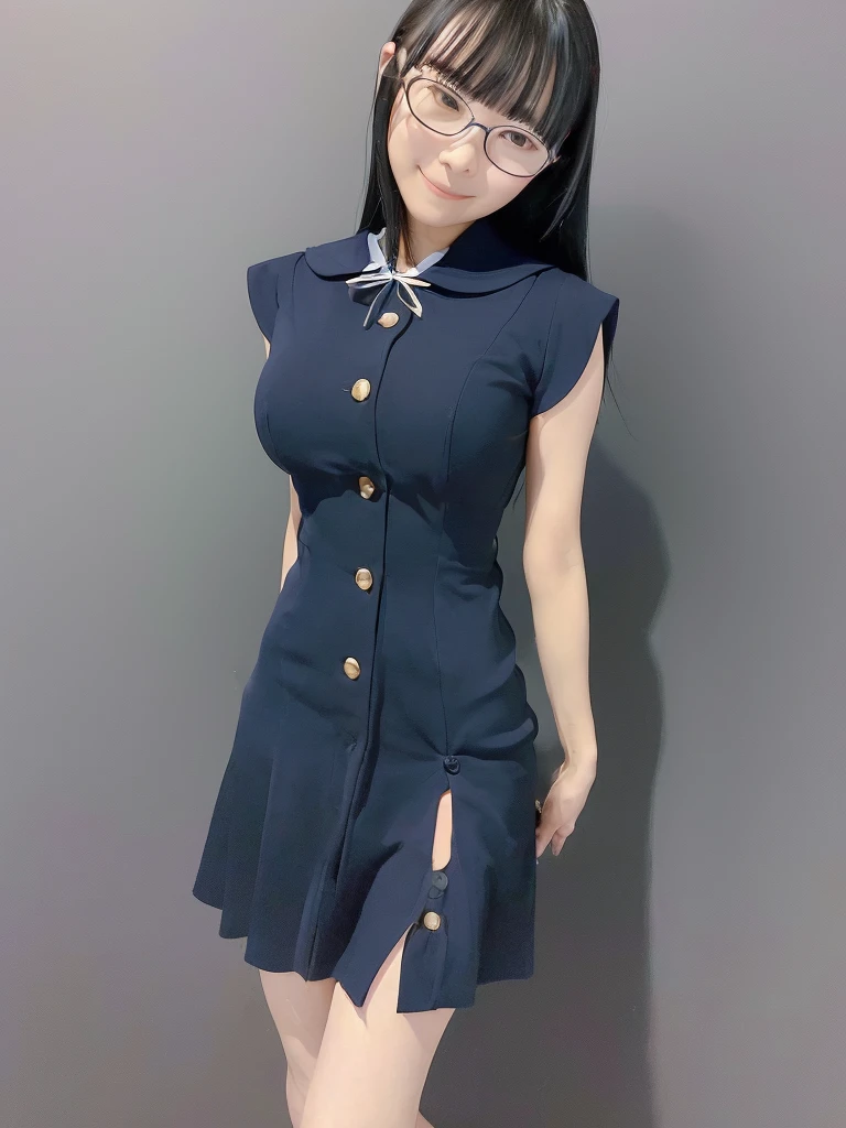 (masterpiece:1.3)、(Highest quality:1.3)、(8K:1.3)、(Very detailed:1.3)、(Realistic:1.3)、(very precise picture)、(Very accurate outfit)、girl、alone、Realistic、View your viewers、Black Hair、Glasses、Simple Background、(smile)、Big Breasts、Slender、whole body、One-piece dress with buttons and collar、Thin and beautiful legs、See-through and sleeveless