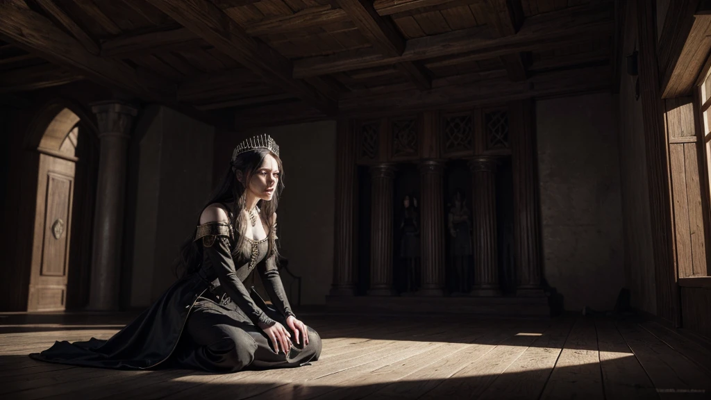 (((medieval style))), illustration of an evil queen in a black dress in her castle, Bill Henson, extremely furious, super realistic 3d, 4k resolution