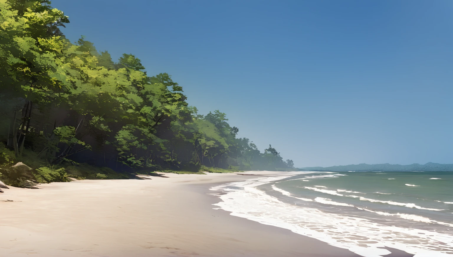 Deserted beach, High detail, Sharpness, Clear vision, Sandy beach in the foreground、You can see the forest in the background。