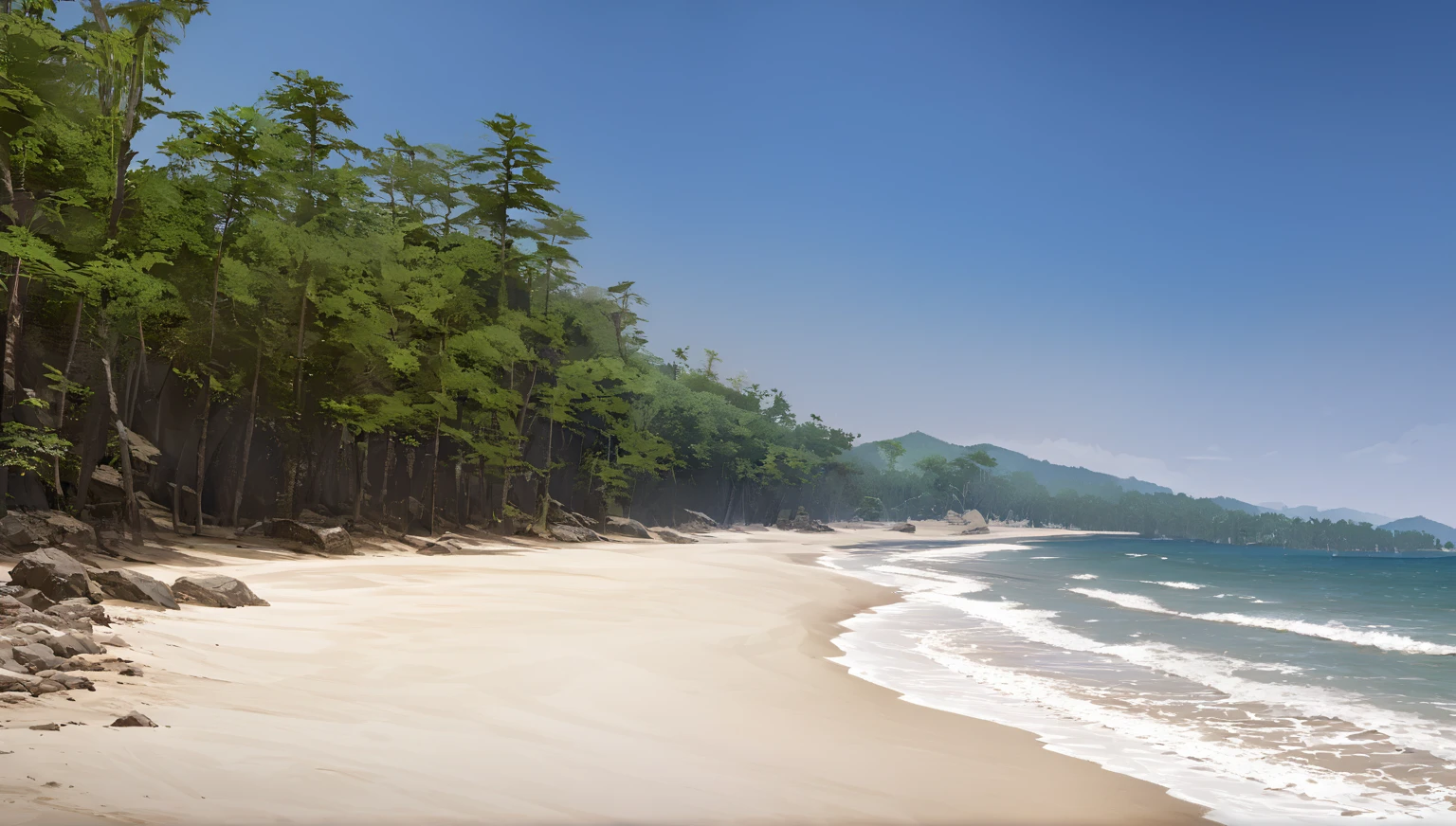 Deserted beach, High detail, Sharpness, Clear vision, Sandy beach in the foreground、You can see the forest in the background。