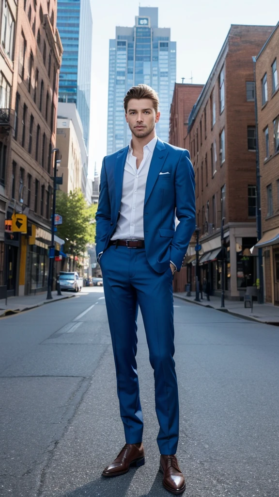Generate a picture of a beautiful men with blue eyes, full size picture, top to bottom, 4k, head to leg picture, standing in canada streets