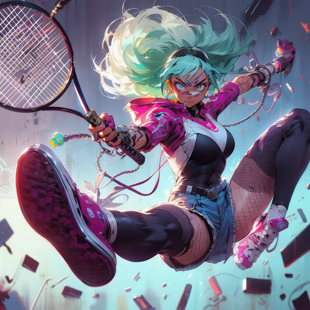 Ultra HD, anime realistic. Badass South Asian teen girl with short, windblown black hair and piercing electric blue eyes. Smirking confidently, she leans against a graffiti-covered wall in a neon-lit cyberpunk alleyway. Clad in a black tactical outfit with exposed arm guards, she grips a glowing katana at her side.
