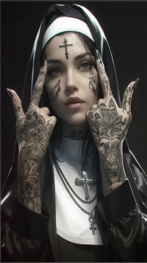 Create a photo of a beautiful nun with tattoos on face and hands in the same style. Best hyper realistic