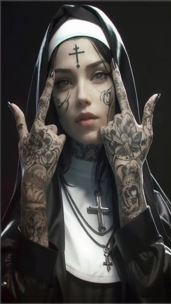 Create a photo of a beautiful nun with tattoos on face and hands in the same style. Best hyper realistic