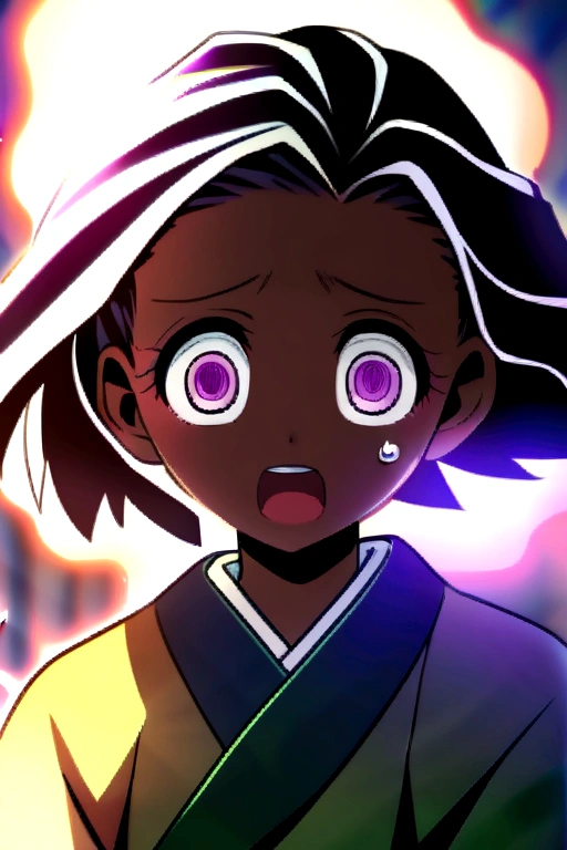 anime girl brown skin, purple eyes, kimetsu no yaiba style with a surprised and somewhat nervous face 