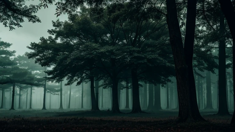 a mysterious forest with gigantic trees, in the background a group of guardian trees, dark and mysterious scene, dark 