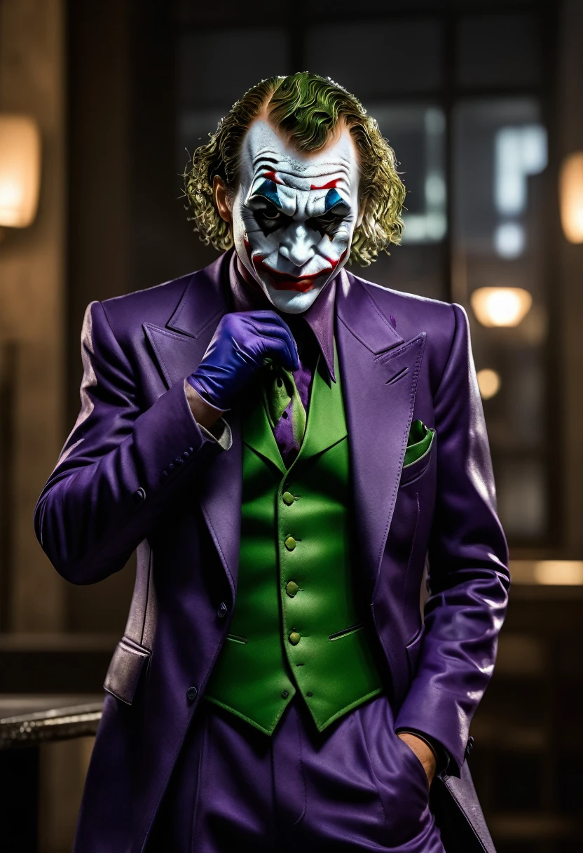 (8k, RAW photo, best quality, masterpiece:1.2), ultra detailed, official art, photo-realistic:1.37, upper body shot, DC Joker, film grain, action pose