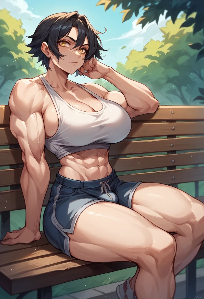 a muscular Futanari woman sitting on a park bench at night alone black hair yellow eyes pale skin big booty at night Futanari