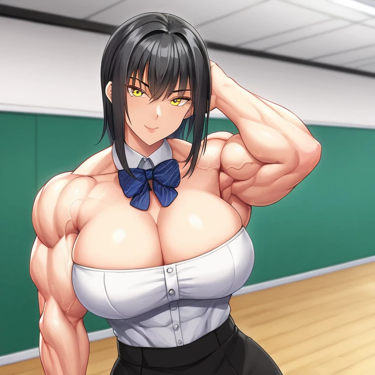 A woman with black hair to her shoulders with bangs, yellow eyes, few small muscles and big breasts wearing a long formal blouse