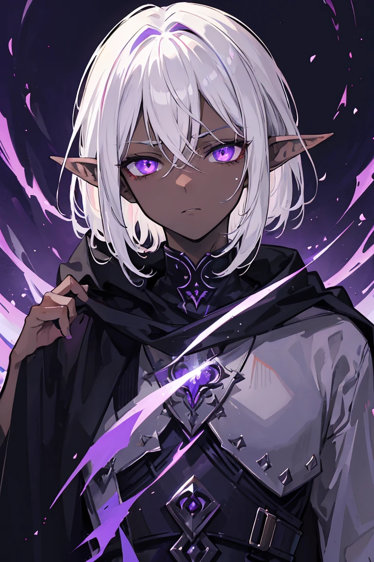 masterpiece, high quality, perfect face, 1man, male, tall, dark elf, short messy white hair, glowing purple eyes, scared expression, shy, dark skin, long elf ears, tired eyes, eyebags, black robe