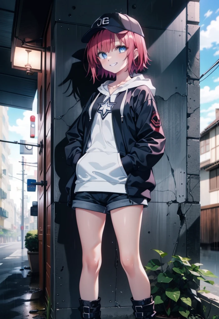 (masterpiece, Highest quality:1.2),shape,8K,High resolution,mea kurosaki,Mea Kurosaki,Redhead,Long Hair,Purple eyes,1 Girl,Baseball hats,Oversized black hoodie,Black shorts,short boots,Grin,smile,Both hands are in the pockets of the hoodie,Hiding in a roofed building,Standing leaning against a wall,rain,night,cloudy,whole bodyがイラストに入るように,
break looking at viewer,whole body,
break indoors, Alley,
break (masterpiece:1.2), Highest quality, High resolution, ユニティ 8K 壁紙, (shape:0.8), (Beautiful and beautiful eyes:1.6), Highly detailed face, Perfect lighting, Highly detailed CG, (Perfect hands, Perfect ???????),
