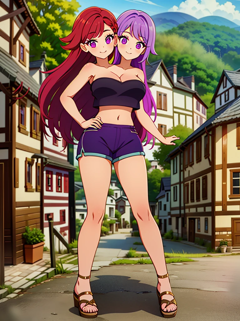 best quality, (masterpiece),(ultra-detailed), (high quality), (high resolution), ((2heads:1.5)), best quality:1.5, highres, UHD, 16K), ((two headed woman)), smiling, highres, masterpiece, ((red hair)), ((purple hair)), ((different hair colors:1.5)), cleavage, ((crop top:1.5)), lustrous and smooth skin, seductive silhouette, gold rpg fantasy dress, sexy proportions, Beautiful girl with accentuated slender abs, ((full body)), ((village background:1.5)), ((exposed midriff)), body con dress, strapless, sleeveless, magenta eyes, ((long hair)), ((sandals)), ((hot pants))