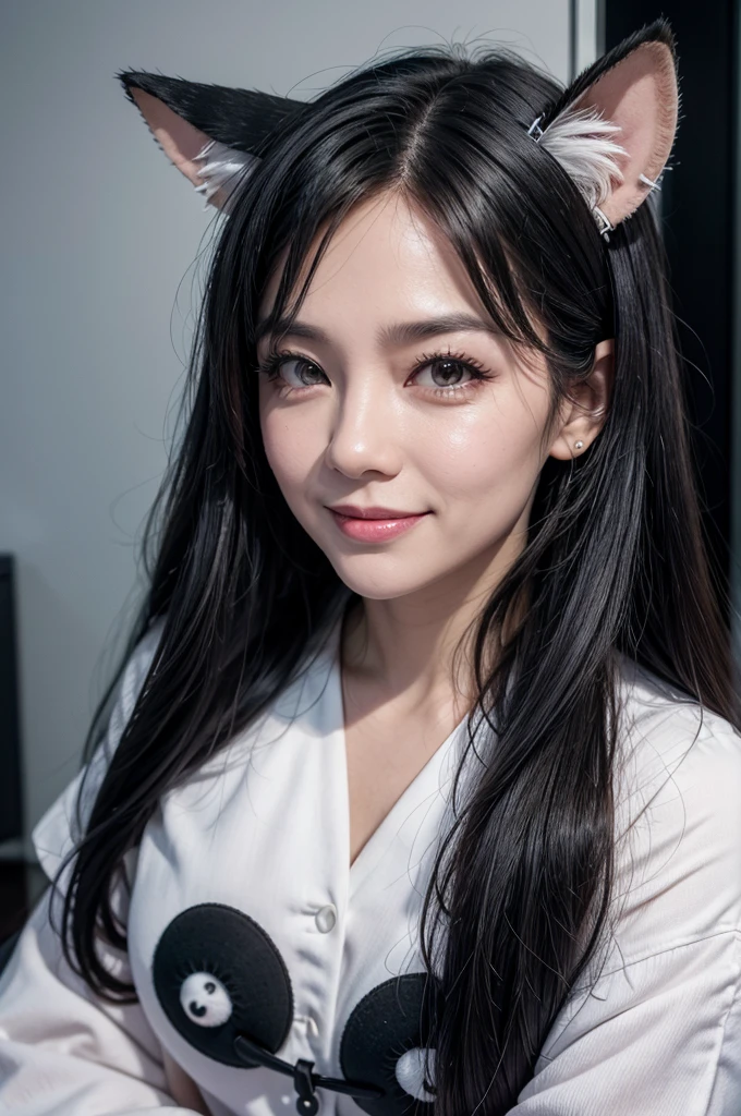create an image of an executive secretary around 40 years old from one of the biggest specialists in the Brazilian real estate market black hair, hair bobbles, wince, longeyelashes, solid circle eyes, fake animal ears, light smile, ear blush, fang, ccurate, Surrealism, drop shadow, anaglyph, stereogram, tachi-e, pov, atmospheric perspective, 8k, super detail, best quality