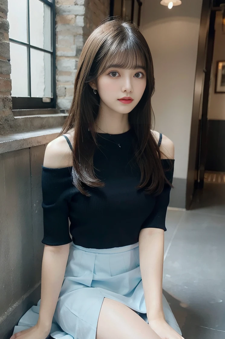 A young woman with long black hair and bangs, wearing a white off-shoulder top and a blue skirt. She is kneeling on a soft surface in a well-lit room with large windows in the background. The atmosphere is soft and warm, with pastel colors. She has a gentle and serene expression on her face.