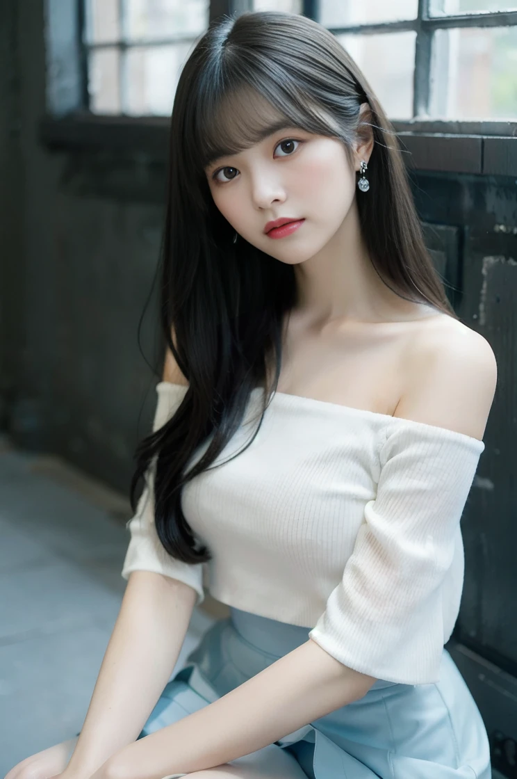 A young woman with long black hair and bangs, wearing a white off-shoulder top and a blue skirt. She is kneeling on a soft surface in a well-lit room with large windows in the background. The atmosphere is soft and warm, with pastel colors. She has a gentle and serene expression on her face.