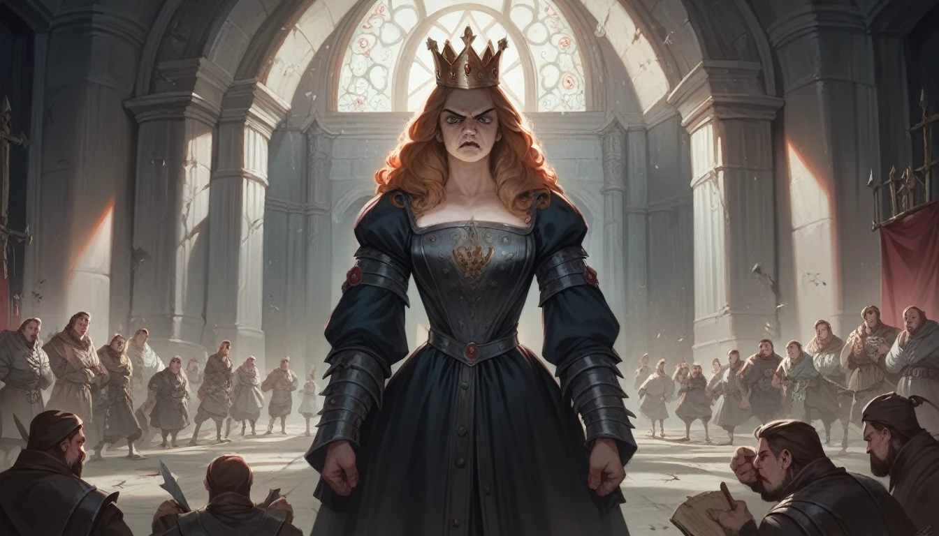 (((medieval style))), illustration of an evil queen in a black dress in her castle, Bill Henson, extremely furious, super realistic 3d, 4k resolution