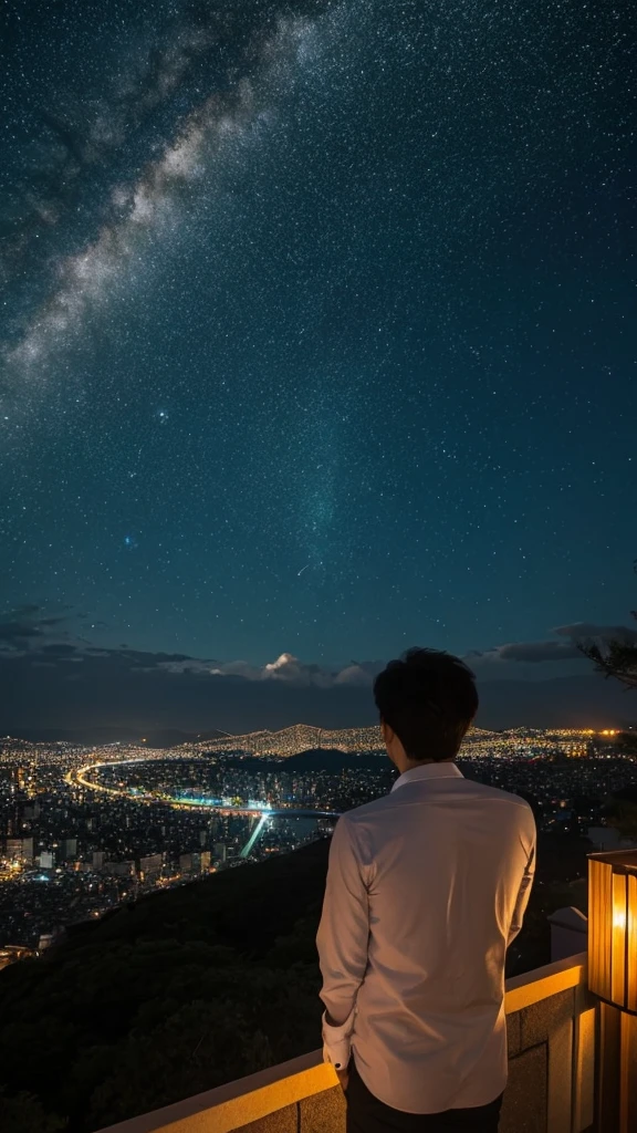 Starry sky, Nagasaki night view, back view of men and women