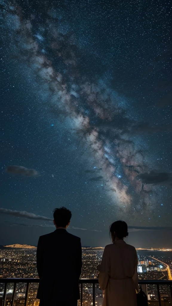 Starry sky, Nagasaki night view, back view of men and women　