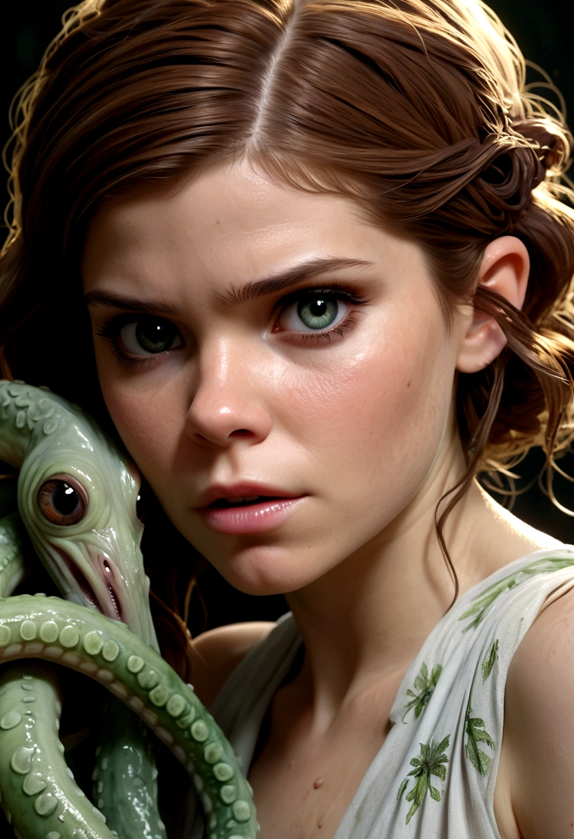 A cute woman, Kate Mara, age 25, dirty, scrapes and scratches, dressed in rags of a torn summer dress, struggling with a horny tentacle beast, slimy tentacles pulling off her clothes, exploring her body, photorealistic, 8k, detailed facial features, beautiful eyes, beautiful lips, extremely detailed, highly detailed face, intricate details, masterpiece, hyper realistic, cinematic lighting, dramatic lighting, dark fantasy, horror, dark art