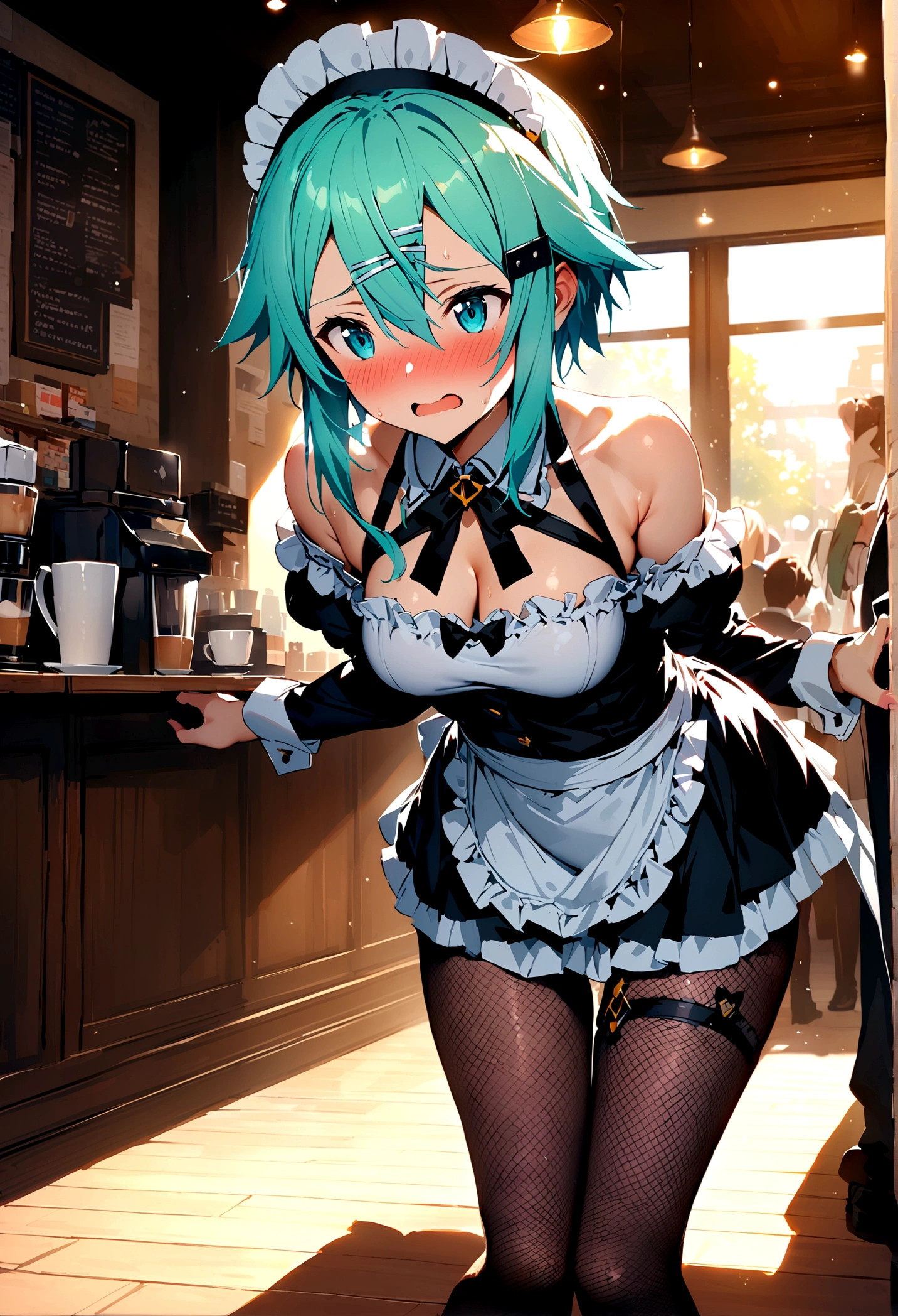 NSFW,masterpiece,Highest quality,High resolution,Super detailed,Sinon\(Sword Art Online\),(Maid clothes),Off the shoulder,Micro Mini Skirt,Headdress,Fishnet tights, hair ornaments, Hair Clip,Embarrassed,expectant face,Favorable face,sexual excitement,blush,nervous,Coffee shop,old-fashioned room