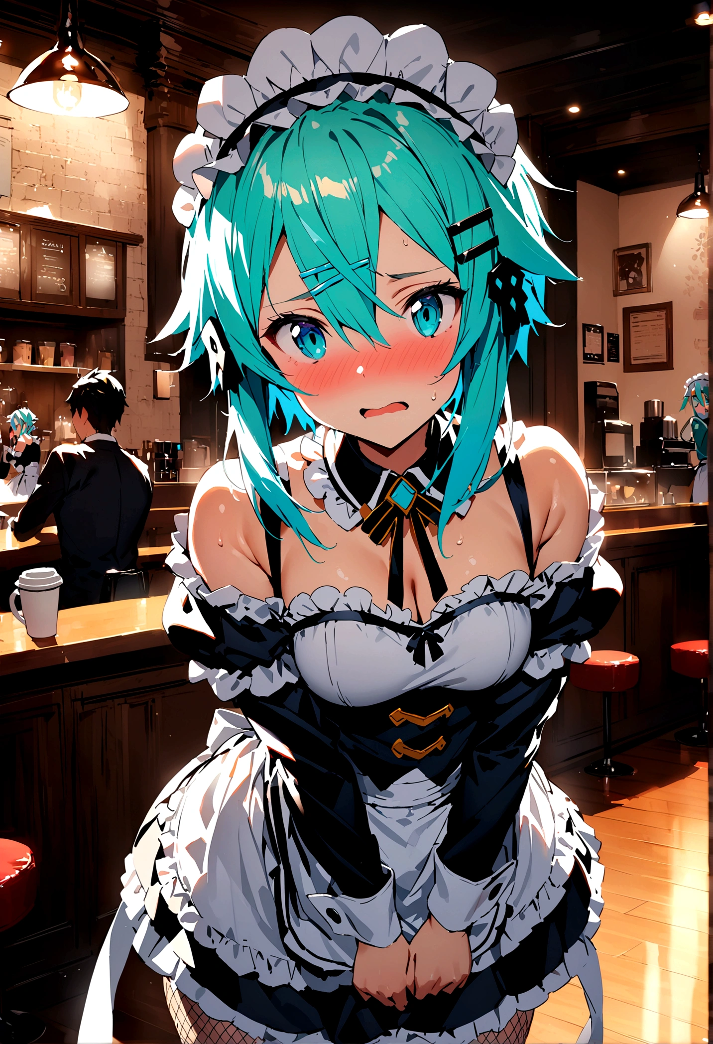 NSFW,masterpiece,Highest quality,High resolution,Super detailed,Sinon\(Sword Art Online\),(Maid clothes),Off the shoulder,Micro Mini Skirt,Headdress,Fishnet tights, hair ornaments, Hair Clip,Embarrassed,expectant face,Favorable face,sexual excitement,blush,nervous,Coffee shop,old-fashioned room