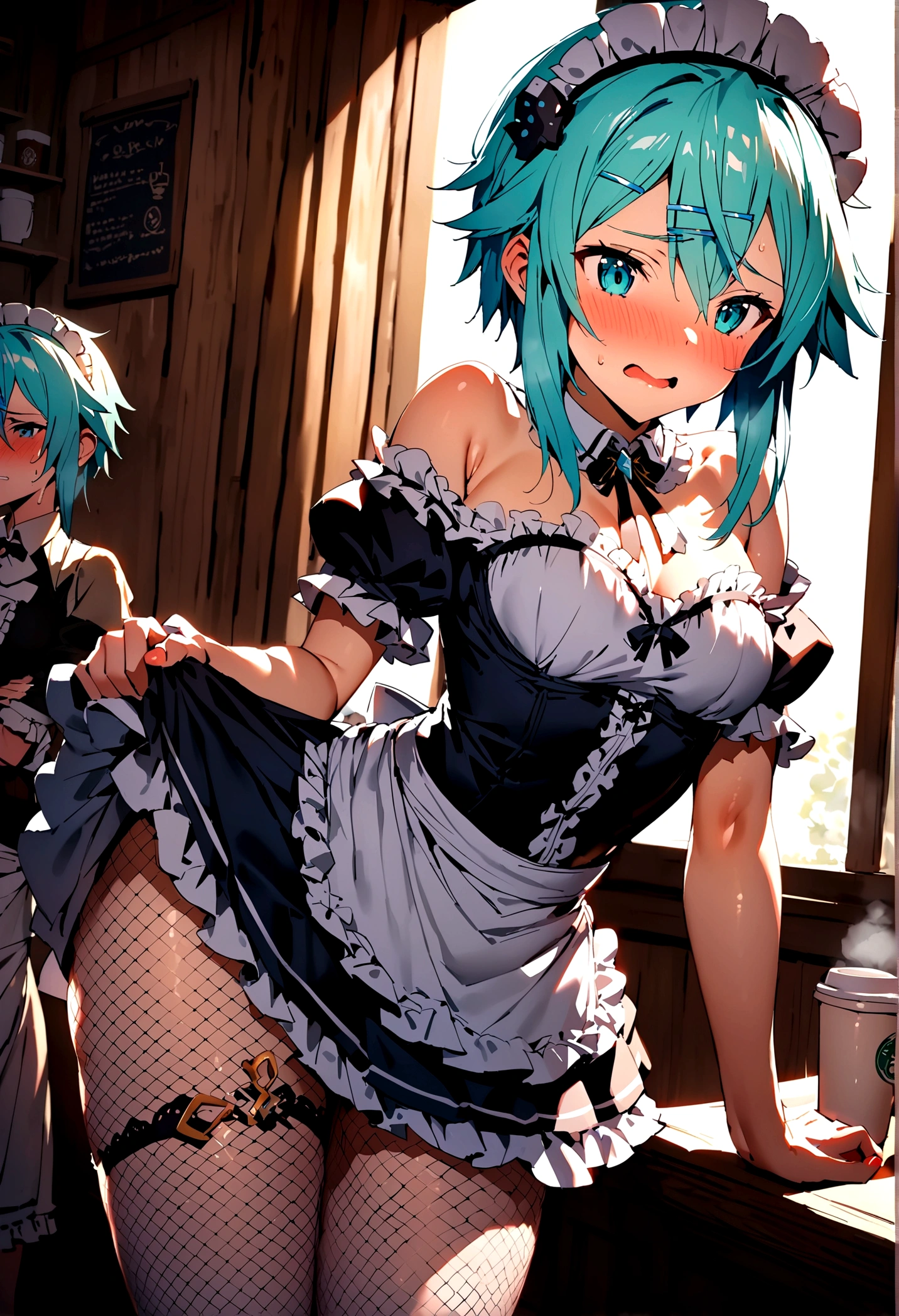 NSFW,masterpiece,Highest quality,High resolution,Super detailed,Sinon\(Sword Art Online\),(Maid clothes),Off the shoulder,Micro Mini Skirt,Headdress,Fishnet tights, hair ornaments, Hair Clip,Embarrassed,expectant face,Favorable face,sexual excitement,blush,nervous,Coffee shop,old-fashioned room