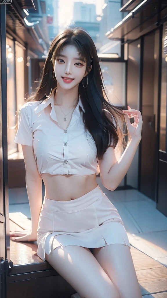 (best quality, 8K, Masterpiece, Ultra HD: 1.3), (K-pop idols: 1.6), 1 Sexy Girl, (big: 1.2), (long hair), abdomen, perfect figure, The face is especially detailed., delicate lips, beautiful eyes, Double eyelids, Very good hands, Very smooth fingers, office set, white shirt, short skirt (hot) ((awake: 1.5)), night city view , details , open legs , luxury office manager, smile