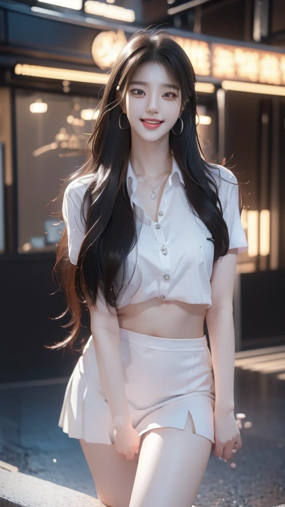 (best quality, 8K, Masterpiece, Ultra HD: 1.3), (K-pop idols: 1.6), 1 Sexy Girl, (big: 1.2), (long hair), abdomen, perfect figure, The face is especially detailed., delicate lips, beautiful eyes, Double eyelids, Very good hands, Very smooth fingers, office set, white shirt, short skirt (hot) ((awake: 1.5)), night city view , details , open legs , luxury office manager, smile