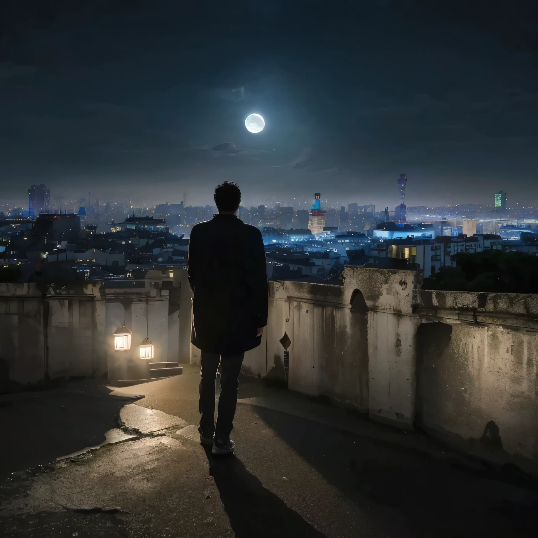 arafed man standing on a ledge looking at the city at night, looking at the full moon, looking at the moon, moon behind him, looking at the city, the moon cast on the man, looking over city, at night with full moon, overlooking a modern city, walking towards the full moon, the moon is big an in the city. In the scene of China city
