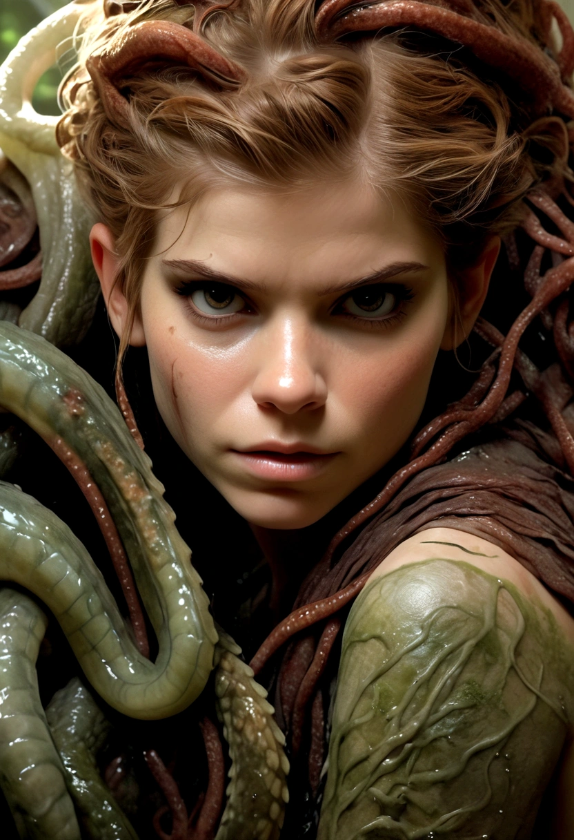 A cute woman, Kate Mara, age 25, dirty, scrapes and scratches, dressed in rags of a torn summer dress, struggling with a horny tentacle beast, slimy tentacles pulling off her clothes, exploring her body, photorealistic, 8k, detailed facial features, beautiful eyes, beautiful lips, extremely detailed, highly detailed face, intricate details, masterpiece, hyper realistic, cinematic lighting, dramatic lighting, dark fantasy, horror, dark art
