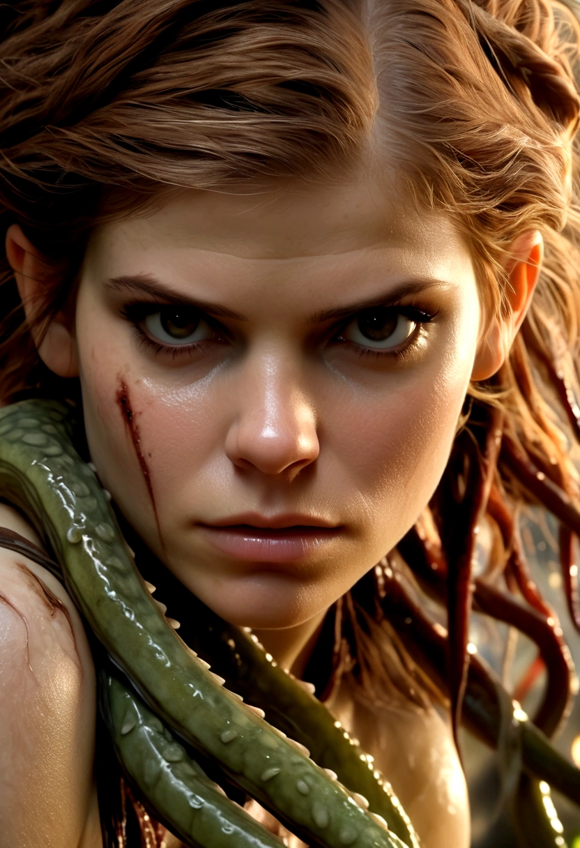 A cute woman, Kate Mara, age 25, dirty, scrapes and scratches, dressed in rags of a torn summer dress, struggling with a horny tentacle beast, slimy tentacles pulling off her clothes, exploring her body, photorealistic, 8k, detailed facial features, beautiful eyes, beautiful lips, extremely detailed, highly detailed face, intricate details, masterpiece, hyper realistic, cinematic lighting, dramatic lighting, dark fantasy, horror, dark art
