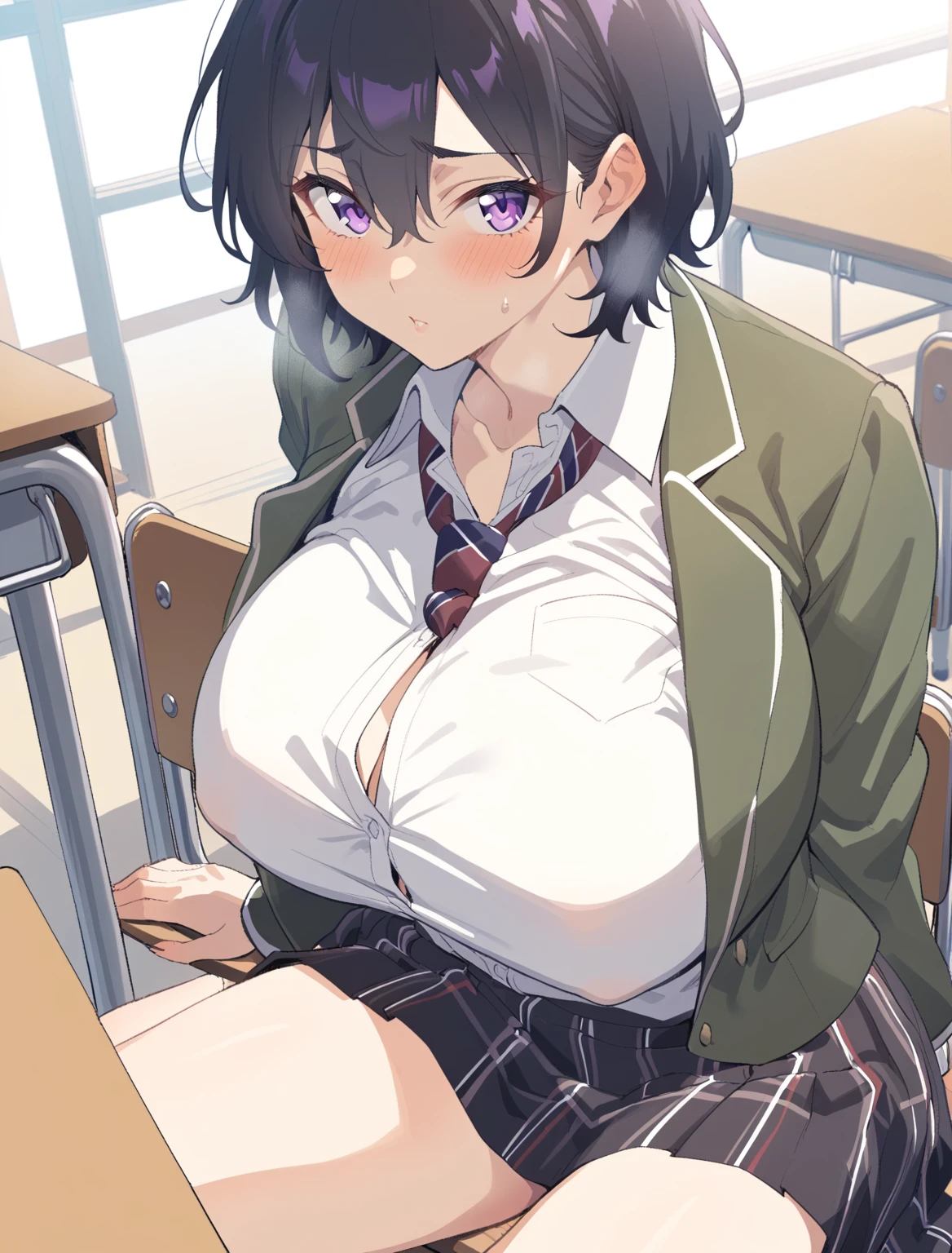{{Seen a little below}} {{Artist: sincos}} 1girl, short black hair, huge breasts, tomboy girl, purple eyes, sitting at a school table, looking at viewer, outfit , School background