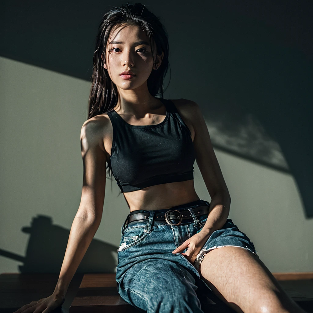 Best quality, masterpiece, ultra high res, (photorealistic:1.4), raw photo, 1girl, waist up, sitting, deep shadow, dark theme