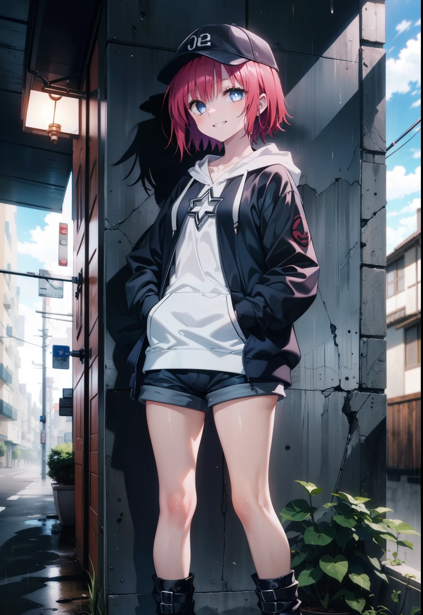 (masterpiece, Highest quality:1.2),shape,8K,High resolution,mea kurosaki,Mea Kurosaki,Redhead,Long Hair,Purple eyes,1 Girl,Baseball hats,Oversized black hoodie,Black shorts,short boots,Grin,smile,Both hands are in the pockets of the hoodie,Hiding in a roofed building,Standing leaning against a wall,rain,night,cloudy,whole bodyがイラストに入るように,
break looking at viewer,whole body,
break indoors, Alley,
break (masterpiece:1.2), Highest quality, High resolution, ユニティ 8K 壁紙, (shape:0.8), (Beautiful and beautiful eyes:1.6), Highly detailed face, Perfect lighting, Highly detailed CG, (Perfect hands, Perfect Anatomy),