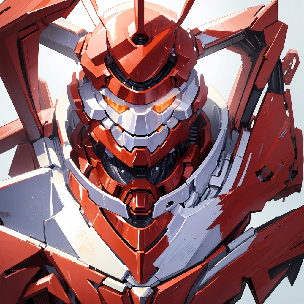 A red humanoid mecha made of steel,There is no one in the picture,A huge mecha shining with golden light,((Pure white background))