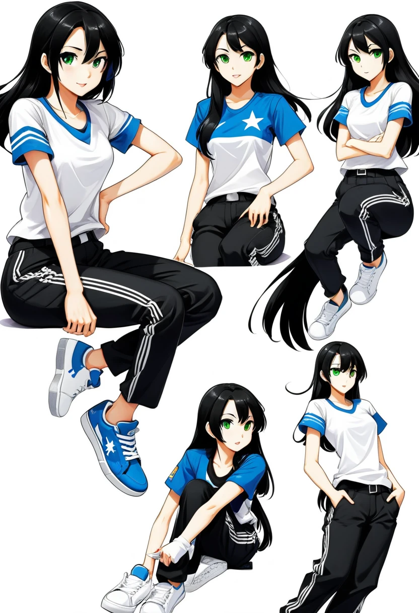 tall girl, slim, white, shoulder-length straight black hair, Blue right eye, Green left eye, various positions, sitting, sprinting, anime styling, thin face, black pants, blusa white de mangas compridas com tres listras pretas. White background, black all star shoes