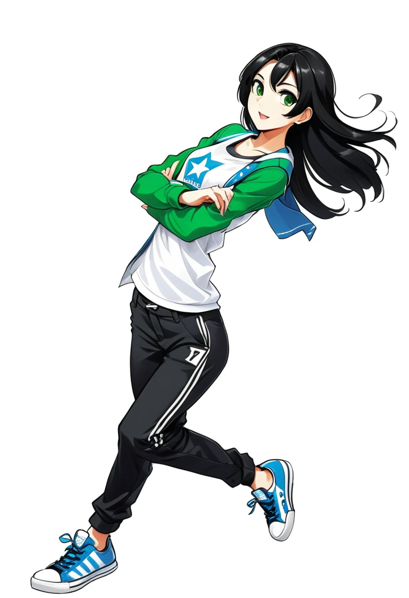 tall girl, slim, white, shoulder-length straight black hair, Blue right eye, Green left eye, various positions, sitting, sprinting, anime styling, thin face, black pants, blusa white de mangas compridas com tres listras pretas. White background, black all star shoes