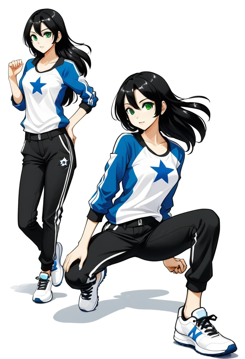 tall girl, slim, white, shoulder-length straight black hair, Blue right eye, Green left eye, various positions, sitting, sprinting, anime styling, thin face, black pants, blusa white de mangas compridas com tres listras pretas. White background, black all star shoes