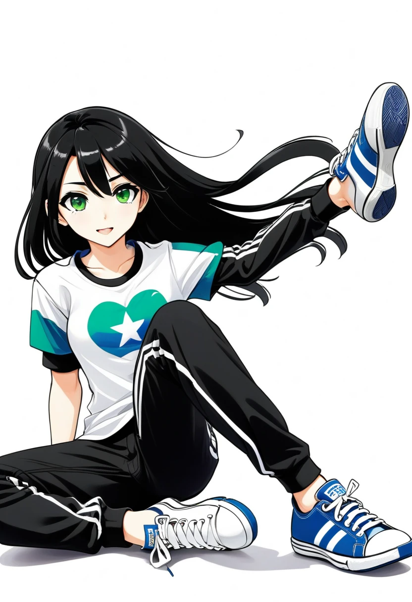 tall girl, slim, white, shoulder-length straight black hair, Blue right eye, Green left eye, various positions, sitting, sprinting, anime styling, thin face, black pants, blusa white de mangas compridas com tres listras pretas. White background, black all star shoes