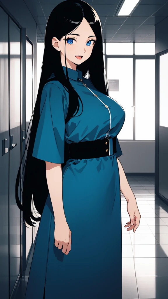 (masterpiece), (best quality), (ultra-detailed), ((girl, 29 years old)), an extremely delicate and beautiful, detailed eyes, minute details, (black hair, long hair, straight hair, hair between eyes), ((big breasts)), smile, open mouth, ((beautiful eyes)), (blue eyes), (upper body), she is wearing a blue dress, (detailed clothes), (detailed background, in a hospital, hospital hallway), (monochrome)