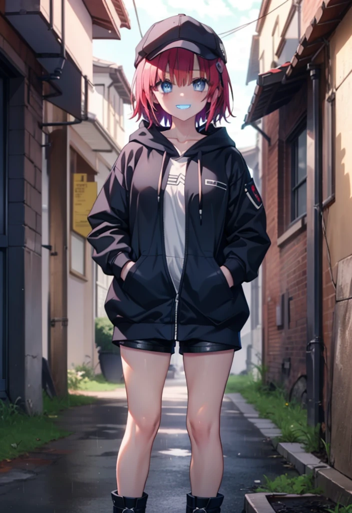 (masterpiece, Highest quality:1.2),shape,8K,High resolution,mea kurosaki,Mea Kurosaki,Redhead,Long Hair,Purple eyes,1 Girl,Baseball hats,Oversized black hoodie,Black shorts,short boots,Grin,smile,Both hands are in the pockets of the hoodie,Hiding in a roofed building,Standing leaning against a wall,rain,night,cloudy,whole bodyがイラストに入るように,
break looking at viewer,whole body,
break indoors, Alley,
break (masterpiece:1.2), Highest quality, High resolution, ユニティ 8K 壁紙, (shape:0.8), (Beautiful and beautiful eyes:1.6), Highly detailed face, Perfect lighting, Highly detailed CG, (Perfect hands, Perfect Anatomy),
