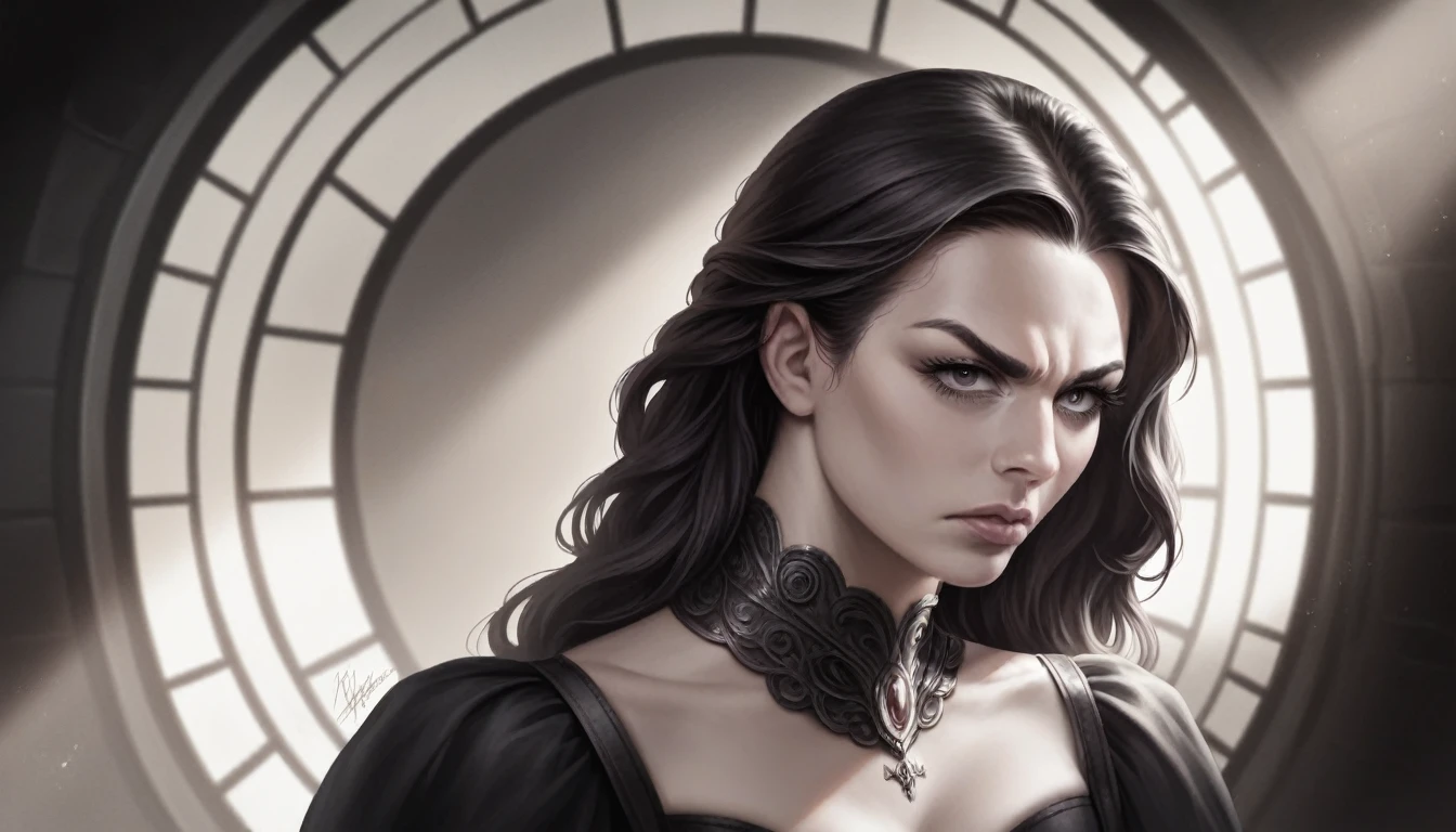 a furious evil queen in a black dress in her medieval castle, detailed portrait, beautiful detailed eyes, beautiful detailed lips, extremely detailed face and eyes, long eyelashes, detailed jewelry and accessories, intricate gothic architecture, dark moody lighting, cinematic dramatic lighting, chiaroscuro lighting, dramatic shadows, deep rich colors, ornate interior decor, detailed textures, highly detailed, (best quality,4k,8k,highres,masterpiece:1.2),ultra-detailed,(realistic,photorealistic,photo-realistic:1.37),dark fantasy,digital art,concept art,moody,dramatic