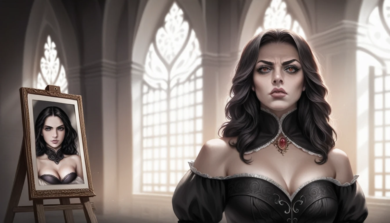 a furious evil queen in a black dress in her medieval castle, detailed portrait, beautiful detailed eyes, beautiful detailed lips, extremely detailed face and eyes, long eyelashes, detailed jewelry and accessories, intricate gothic architecture, dark moody lighting, cinematic dramatic lighting, chiaroscuro lighting, dramatic shadows, deep rich colors, ornate interior decor, detailed textures, highly detailed, (best quality,4k,8k,highres,masterpiece:1.2),ultra-detailed,(realistic,photorealistic,photo-realistic:1.37),dark fantasy,digital art,concept art,moody,dramatic