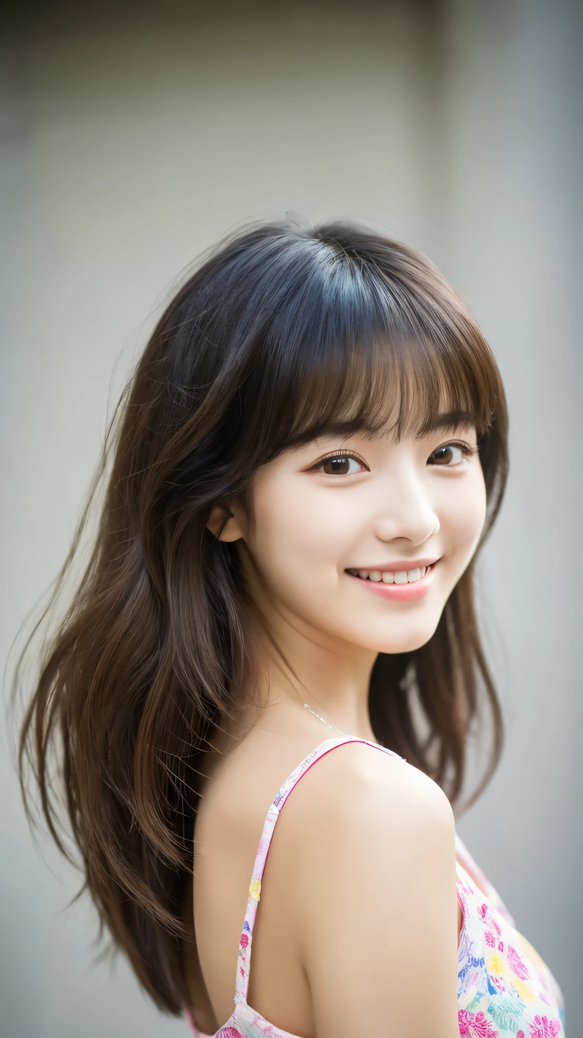 (top-quality、16K resolution) 1 girl、solo、natural soft light、smile, Looking at the camera、casual outfit、Concrete background、Facing the front、is standing、Woman in her late teens、Light bangs、short hair, Salon model、Natural look、portlate、floated hair、Rolled hair