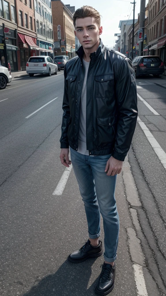 Generate a picture of a beautiful men with blue eyes, full size picture, top to bottom, 4k, head to leg picture, standing in canada streets