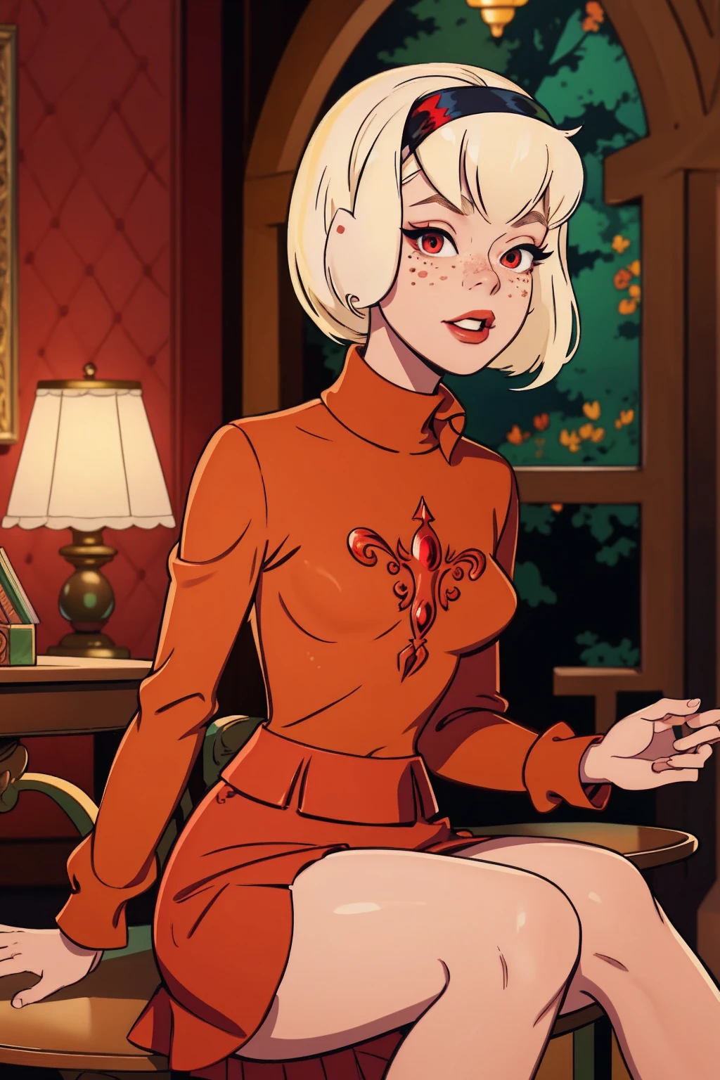 { masterpiece : best quality : high resolution : unity 8k wallpaper : illustration : beautiful detailed eyes : extremely detailed face : perfect lighting : extremely detailed CG }  { in a dark creepy library  } { Sabrina Spellman : : platinum blonde hair with red hairband : perfectly small shape breast : freckles : perfectly fit body :red turtleneck shirt : red skirt : studying : sitting at a study table }